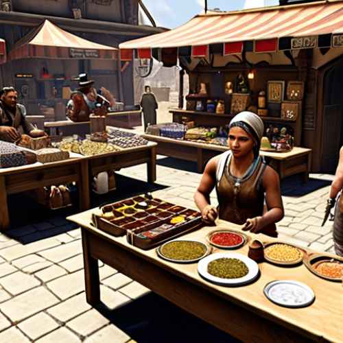 Home 6 **A bustling marketplace in a Heat 2 game world:** Capture the essence of resource acquisition. Focus on diverse characters trading items, crafting stations, and possibly a character acquiring rare crafting materials. Highlight the energy and activity of a player striving to become powerful through crafting.