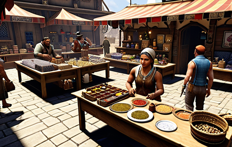 **A bustling marketplace in a Heat 2 game world:** Capture the essence of resource acquisition. Focus on diverse characters trading items, crafting stations, and possibly a character acquiring rare crafting materials. Highlight the energy and activity of a player striving to become powerful through crafting.