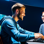 A diverse group of adult professional gamers (male and female) wearing comfortable, modest gaming attire, in a modern, brightly lit gaming lounge with large screens displaying a vibrant, fantasy MMORPG world. They are actively collaborating, smiling, and interacting positively, showcasing a lively and supportive community. Professional photography, high quality, sharp focus, vibrant colors, excellent lighting, safe for work, appropriate content, fully clothed, professional, perfect anatomy, correct proportions, natural pose, well-formed hands, proper finger count, natural body proportions.