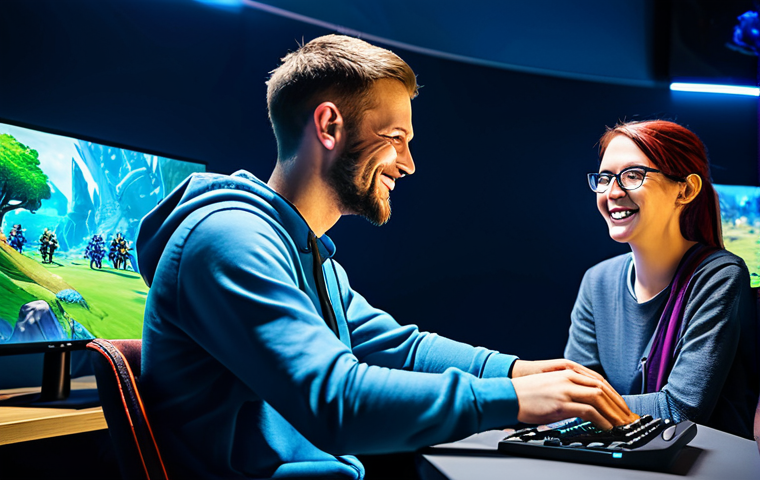 A diverse group of adult professional gamers (male and female) wearing comfortable, modest gaming attire, in a modern, brightly lit gaming lounge with large screens displaying a vibrant, fantasy MMORPG world. They are actively collaborating, smiling, and interacting positively, showcasing a lively and supportive community. Professional photography, high quality, sharp focus, vibrant colors, excellent lighting, safe for work, appropriate content, fully clothed, professional, perfect anatomy, correct proportions, natural pose, well-formed hands, proper finger count, natural body proportions.