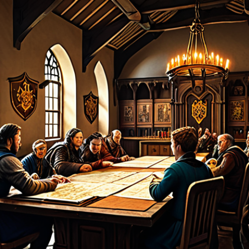 Home 19 **
"A vibrant, bustling guild hall scene. Several diverse, fully clothed characters are seated around a large table, strategizing with maps and miniatures. One character, clearly the leader, points to a map with a confident expression. The room is filled with banners and guild emblems. Style: fantasy illustration, warm lighting, highly detailed, safe for work, appropriate content, fully clothed, professional composition, perfect anatomy, natural proportions."
**
