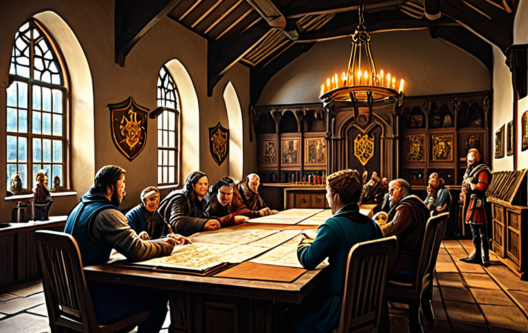 **

"A vibrant, bustling guild hall scene.  Several diverse, fully clothed characters are seated around a large table, strategizing with maps and miniatures.  One character, clearly the leader, points to a map with a confident expression.  The room is filled with banners and guild emblems.  Style: fantasy illustration, warm lighting, highly detailed, safe for work, appropriate content, fully clothed, professional composition, perfect anatomy, natural proportions."

**